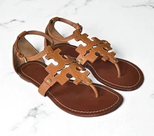 Tory Burch Phoebe Flat Thong Sandals size 9 Brown Leather Logo