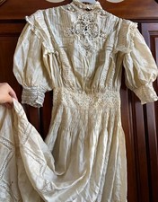 Antique Edwardian Silk Dress 1900s Inset Lace Gigot Pigeon Breast Gown As Is