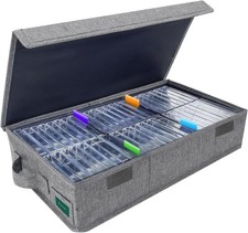 Cassette Tape Storage Box Holds 48 Cases w Lid Index Labels Organizer Gray 16in
