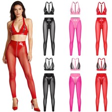 Women Outfits Rave Streetwear 2 Piece Sets Party Leather Zipper Crotch PU Mesh