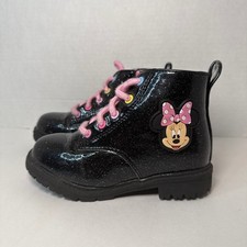 Disney Minnie Mouse Girls Black Glitter Combat Boots Side Zip Size 9