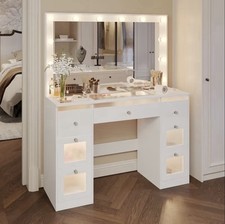 Makeup Vanity Desk w/ LED Mirror 3-Color Lighting 7 Drawers Glass Top White