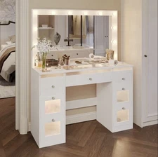 Makeup Vanity Desk w/ LED Mirror 3-Color Lighting 7 Drawers Glass Top White