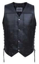 UNIK Men's Premium 10-Pocket Cowhide Leather Snap Front Motorcycle Vest - Black