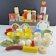 40 pcs Vintage Children's Toy Kitchen Dishes Plastic Tin Cardboard 1960's-1970's