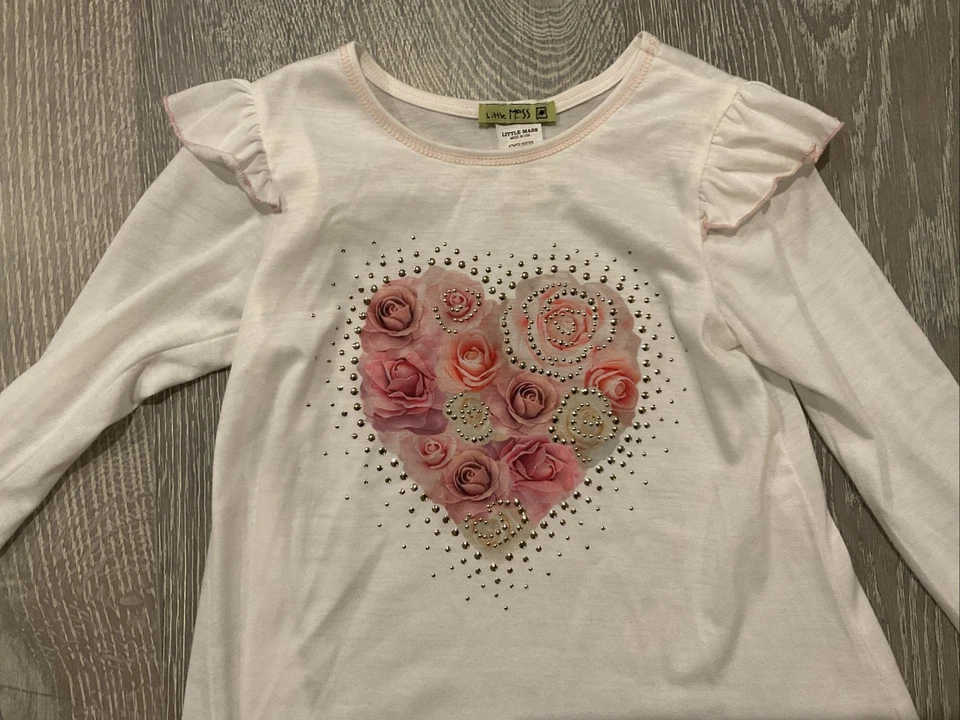 Little Mass Girls Size 6 Long Sleeve Shirt White With Flowers And Roses  - Image 2 of 4