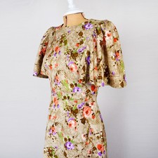 Vintage 1970s Beige Floral Print Capelet Ruffle Short Sleeve Maxi Dress