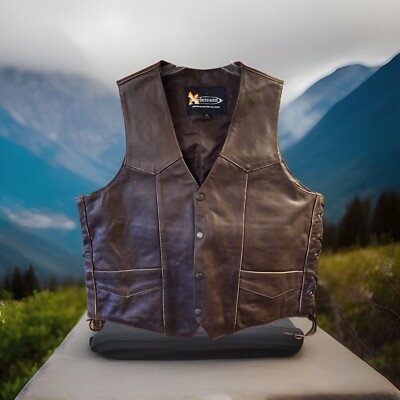 MEN'S X Element Advanced Motorcycle Brown Leather Vest XL Snap Close Biker
