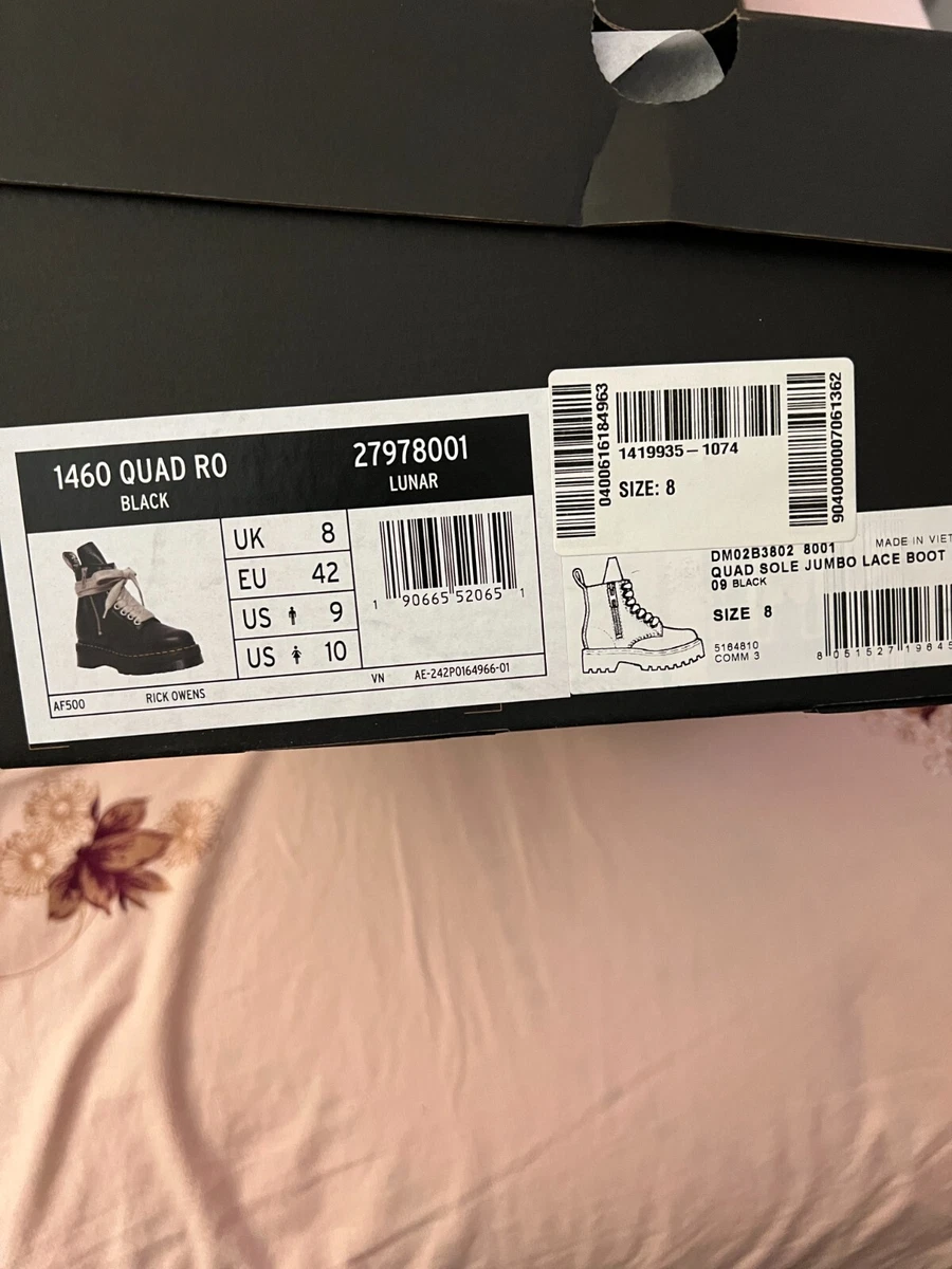 NEW RICK OWENS x Dr. Martens 1460 Jumbo lace Quad Sole Leather Boots Black US 9