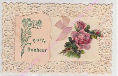 CPA DECOUPIS CANIVET Porte bonheur bonne année ruban rose fleurs