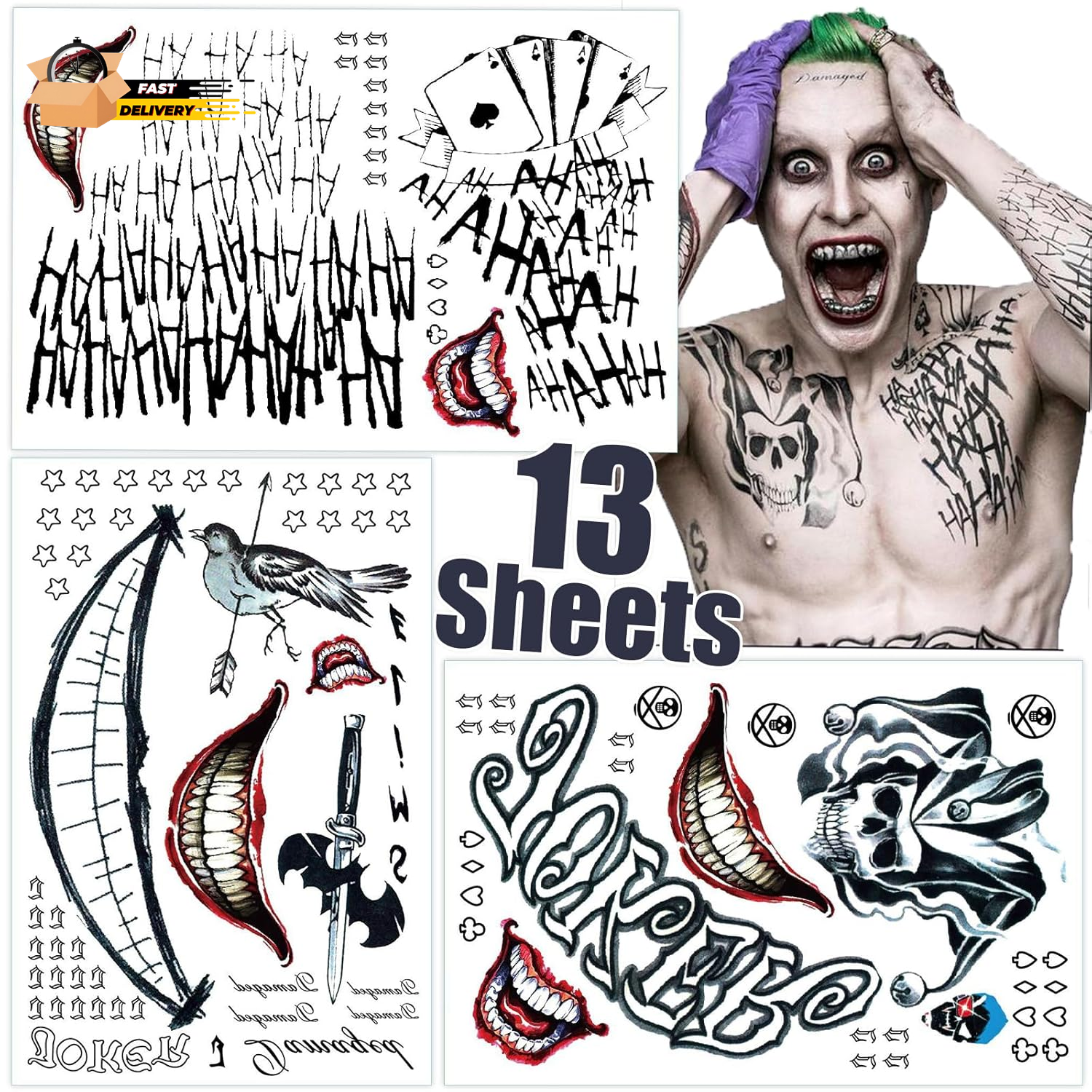Joker Tattoos 13 Sheets,Halloween Temporary Tattoos for Men,Suicide Squad Fake T