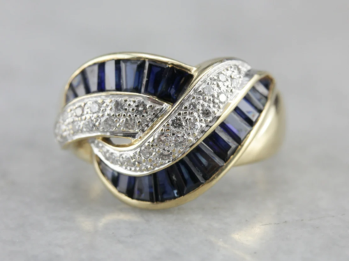 Vintage designerski lewijski wirowy pierścionek z diamentem i szafirem - Zdjęcie 1 z 5