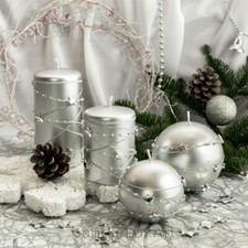 Stumpen Kugel Kerzen Sternenkette Silber Metallic Weihnachtskerze Adventskerze