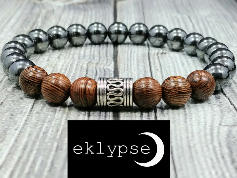 Brazalete de plata para hombre 8"L HIP 8mm madera de wengué exótica y piedras preciosas de hematita con cuentas  Foto 2 de 4