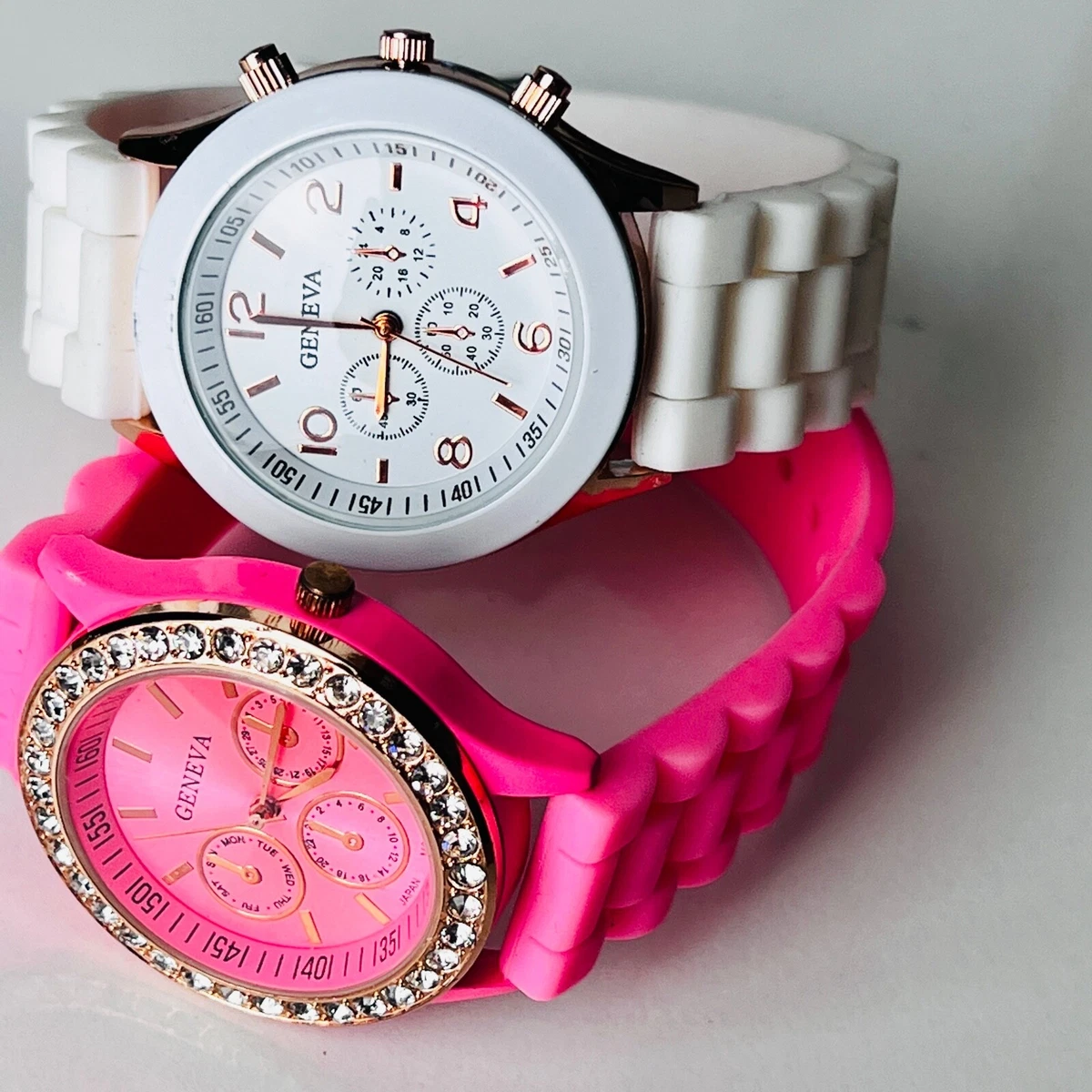 Womens Vibrant 2 Piece Watch Set Geneva Crystal Bezel Pink Dial White Bezel Dial eBay