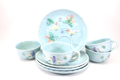 Highmount Majolica SNACK SET 8 Piece Plates & Coffee Cups Birds Grapes Blue