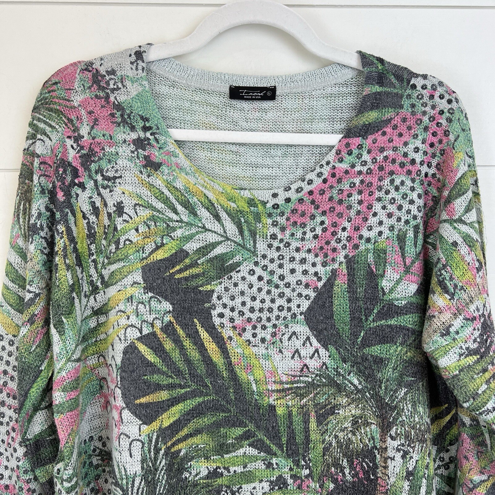 INOAH Knit Tropical Artsy Abstract Colorful Tunic Top Women L USA Mix Media Hem