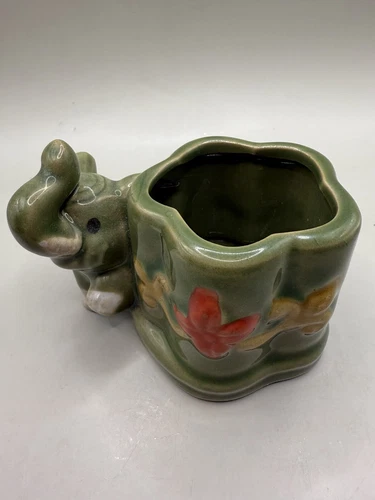 Vintage Lucky Elephant Planter Majolica Style Green MCM Succulents 2.5”