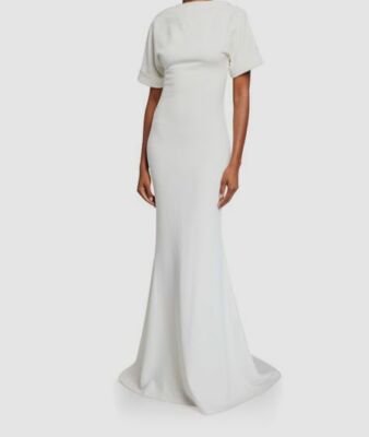 badgley mischka white dress Collection 3/4-Sleeve Rosette Scuba Square Neck Badgley Mischka Odessa Gown