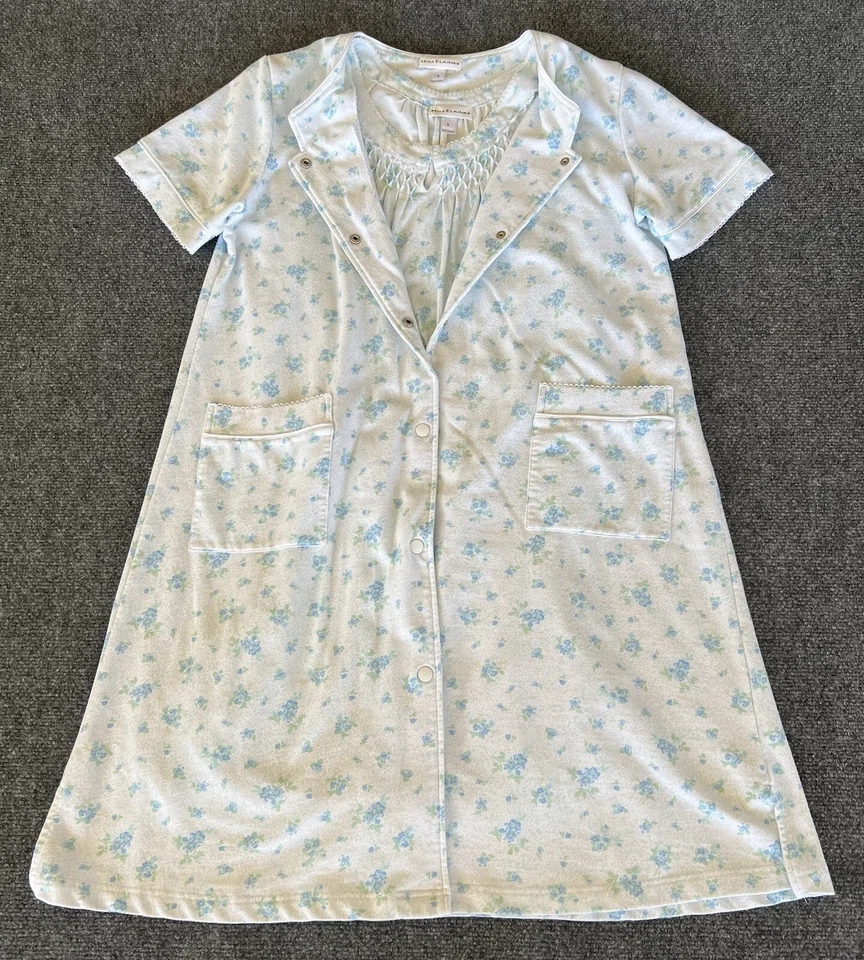 Camisón y bata Miss Elaine para mujer pequeños franela azul floral Grandmacore  Foto 2 de 4