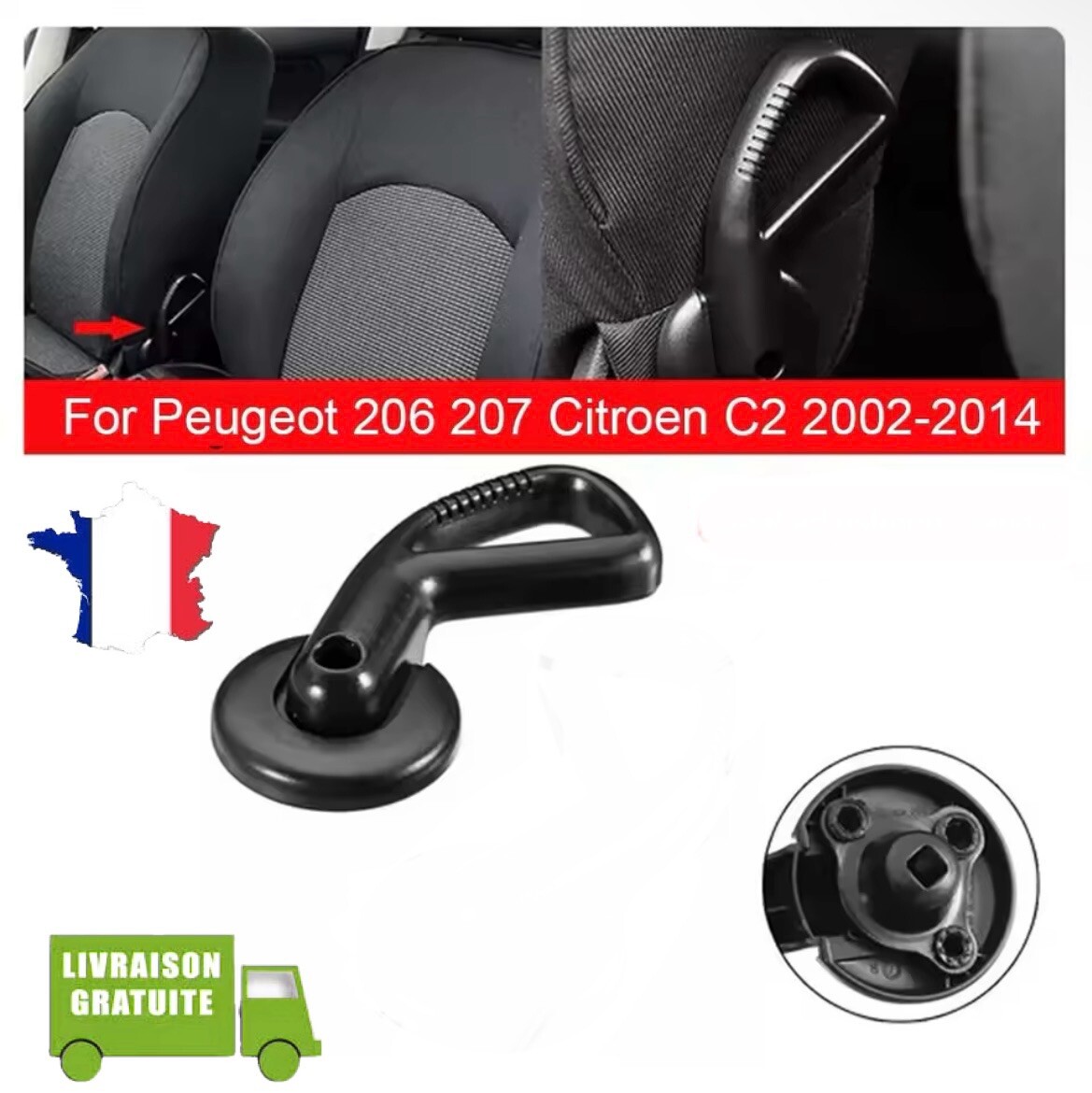 Manette de siège droit passager pour simplifier l'accès arrière en Peugeot 206 3 portes