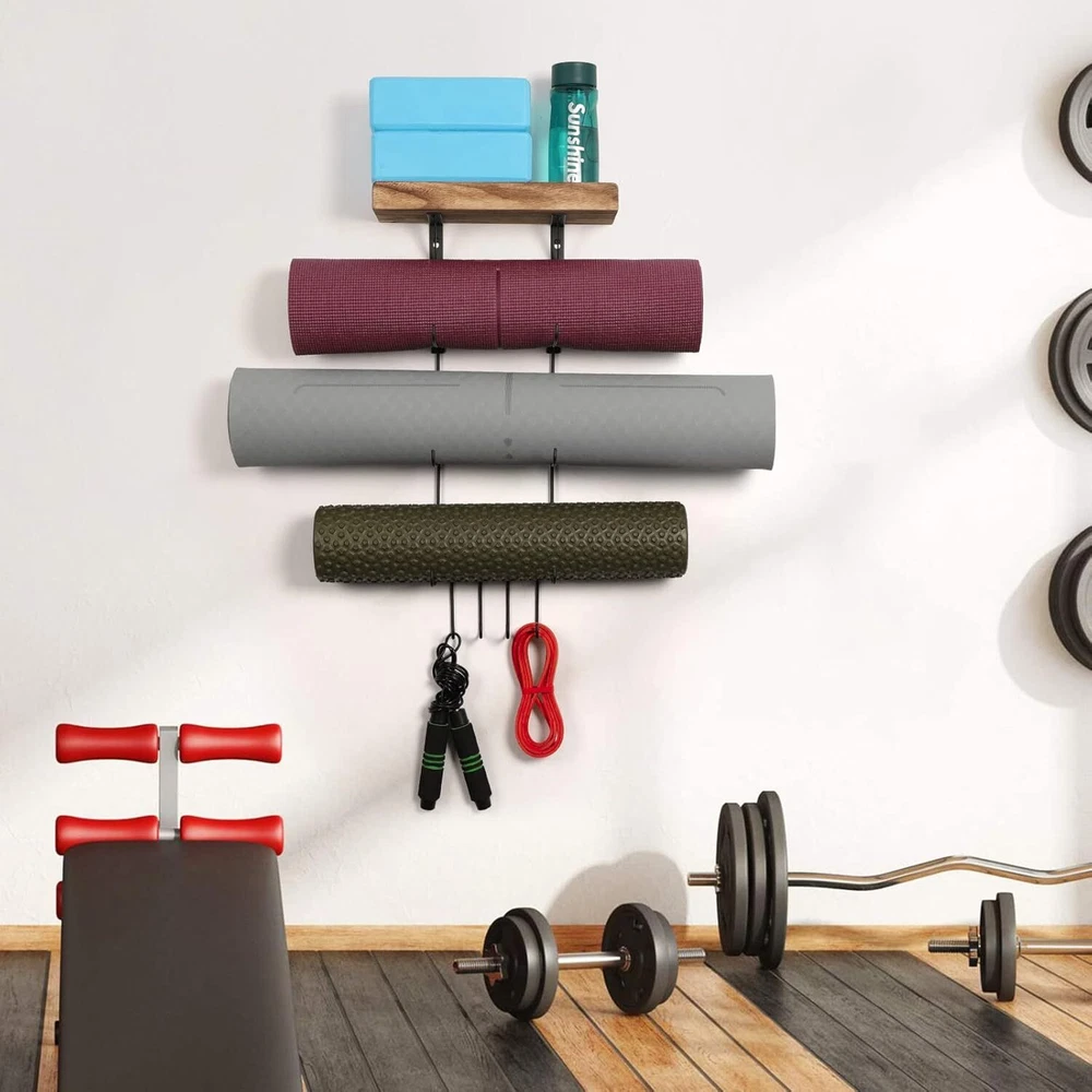 Yoga Mat Holder Wall Mount Yoga Mat Storage Home Gym Accessories with Wood Float