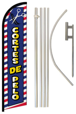 Cortes De Pelo Blue Windless Banner Flag & 16' Flagpole Kit / Ground Spike