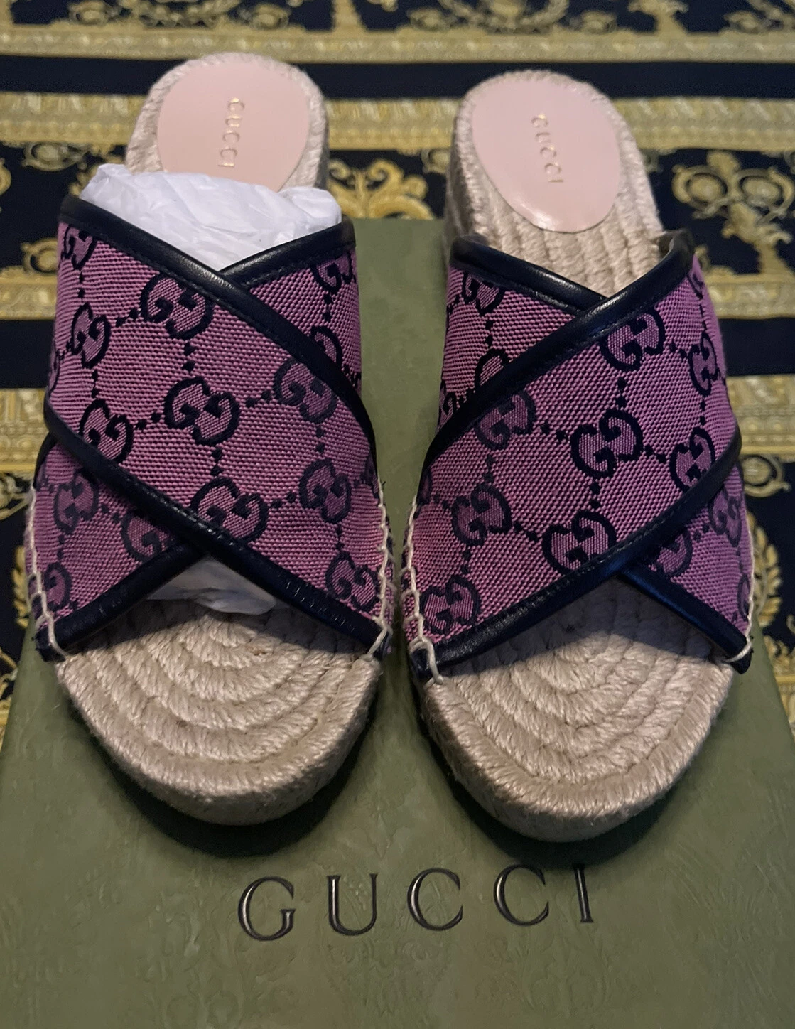 Neuf en Boîte Gucci Gg Rose Gg Talons à Enfiler Sandales Glissières Chaussures G