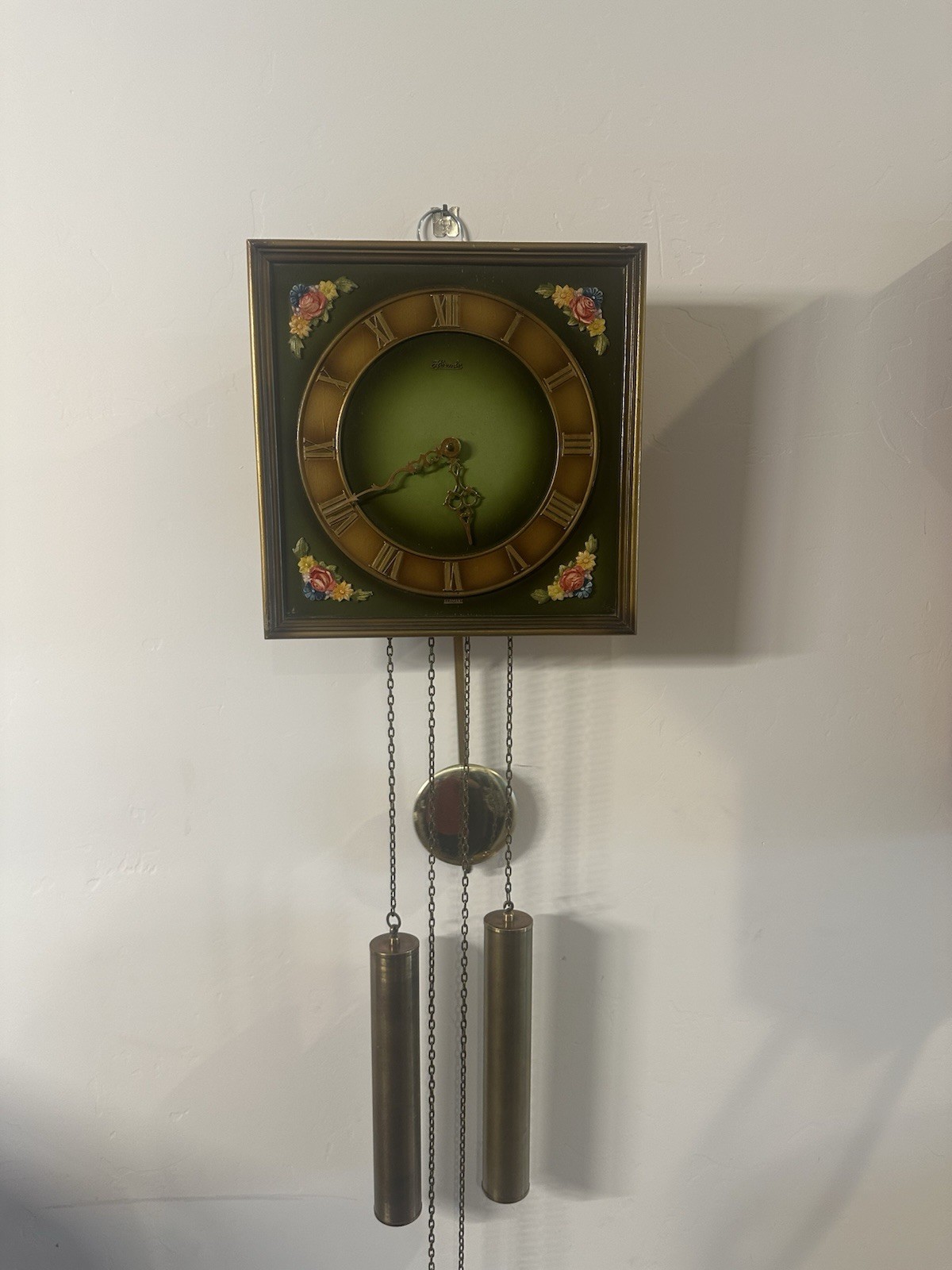 Vintage 1970s Hermle German 2-Weight Mechanical Wall Clock – Floral – Working