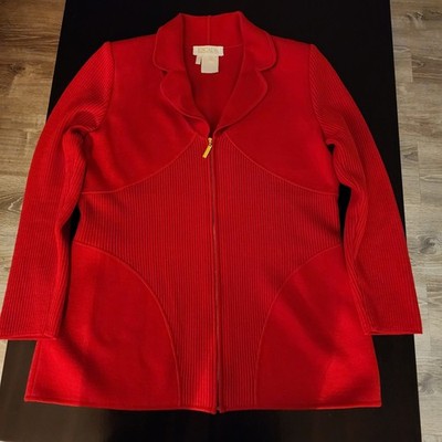 Escada Red 100% New Wool Full Zip Collared Cardigan Sweater Women s Size 42