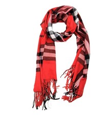 Red Plaid Winter Scarf: Classic Check Pattern, Soft Warm with Fringe