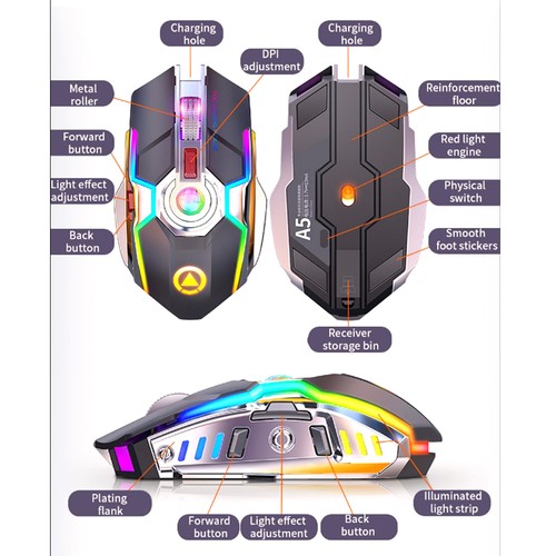 A5 Wireless Gaming Mouse Rechargeable Silent Ergonomic 7 Keys RGB Backlit Mice - Picture 12 of 14