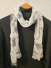 White Sheer Scarf with Black Rose Print  Sparkle Accents   70"x20" NWOT