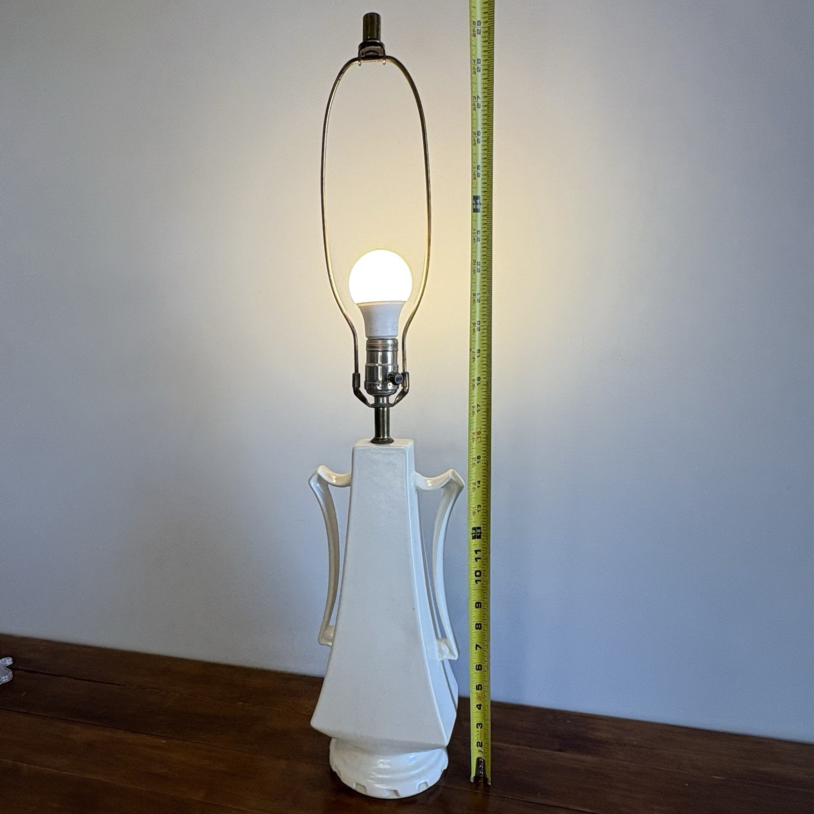Vintage Pottery Lamp White Matte Handles 19.5” Tall Geometric Art Deco MCM