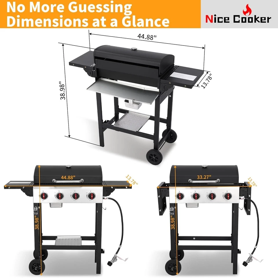 Parrilla de gas de 4 quemadores con rejilla de hierro fundido sartén de acero inoxidable, parrilla de barbacoa de 40000 BTU Foto 2 de 4