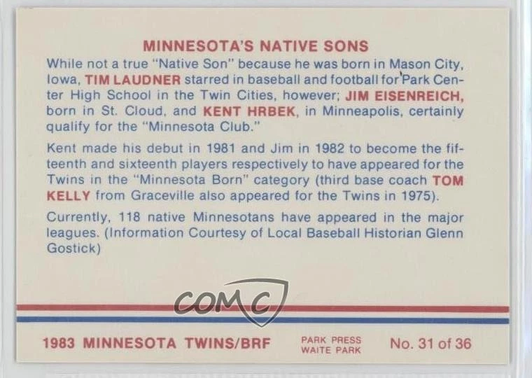 1983 BRF Minnesota Twins Tim Laudner Jim Eisenreich Kent Hrbek #31 Rookie RC - Image 2 of 2