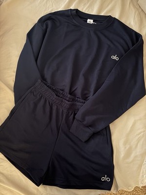 ALO Navy Piece Sweatsuit Set Crewneck Pullover Sweatshirt & Shorts M&S
