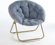 Foldable Grey Moon-Shaped Saucer Chair with Faux Fur - Cozy Bedroom Accent