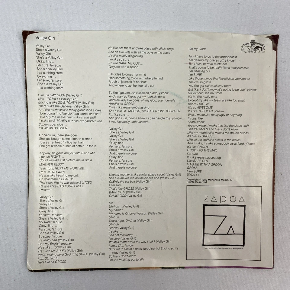 1982 Frank & Moon Zappa Valley Girl  45 rpm Picture   Sleeve Only Foto 2 de 4