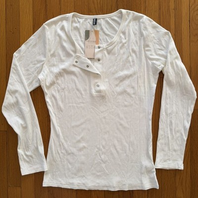 BTFBM White Ribbed Henley Knit Button Long Sleeves Women's Medium NWT