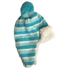 Girls Aqua Blue Striped Trapper Hat Plush Lined 4-6X