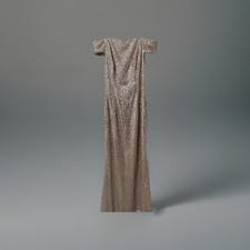 Adrianna Papell Beige Sequin Off-Shoulder Formal Evening Gown Dress