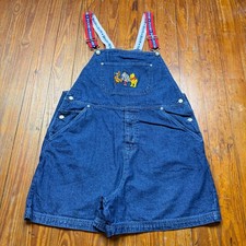 Vintage Winnie The Pooh Overalls Shorts Women Size Large Blue Denim Disney