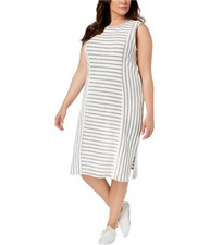 525 America Womens Textured Stripe Midi Dress, White, Plus Size, 1X