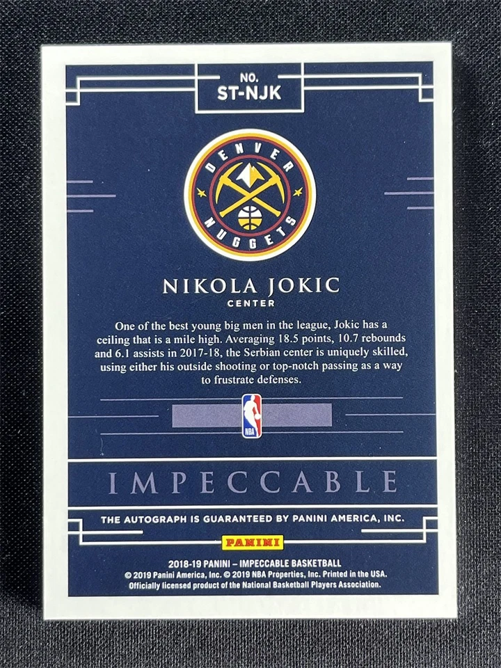 2018-19 Panini Impeccable Nikola Jokic #ST-NJK Gold Signatures Auto Nuggets /10 - Image 2 of 2