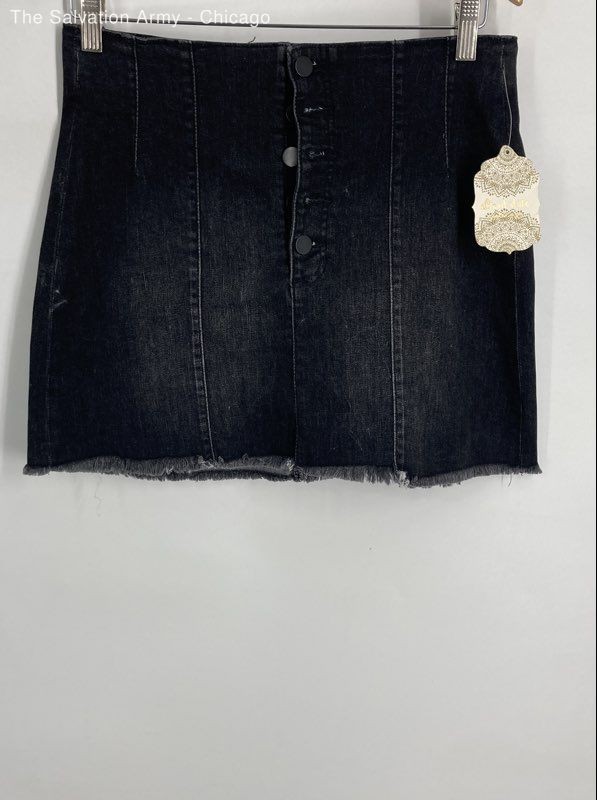 Altar'd State Womens Black Denim Frayed Hem Button Front Mini Skirt Size L