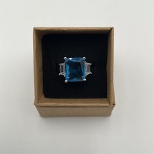 Sterling Silver 925 Emerald Cut Blue Topaz Style Ring w/ CZ Accents