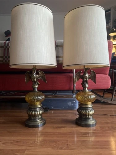 1970’s MCM Pair Vintage Amber Glass Federal Brass Eagle Table Lamps W/Shades