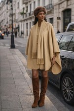 Tan Alpaca fringe western Poncho Shawl Built in Scarf Warm Cozy Native One OS