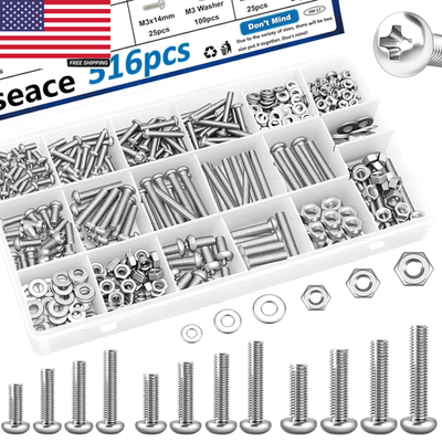 #ad 516Pcs Nuts and Bolts Assortment Kit 21 Sizes M3 M4 M5 M6 Nut Bolt Washer Assort $13.87